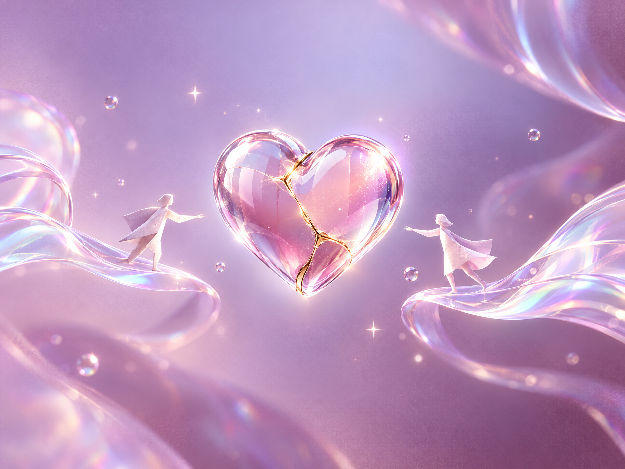 A repaired translucent heart floating between two small abstract figures